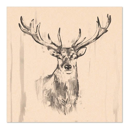 Sur les serviettes beige PAPSTAR 20 serviettes, 33x33 cm, 3 couches, plié en 1/4 de PAPSTAR GmbH, est représenté un croquis de cerf noir et blanc avec de grands bois - des serviettes élégantes et naturelles pour toutes les occasions.