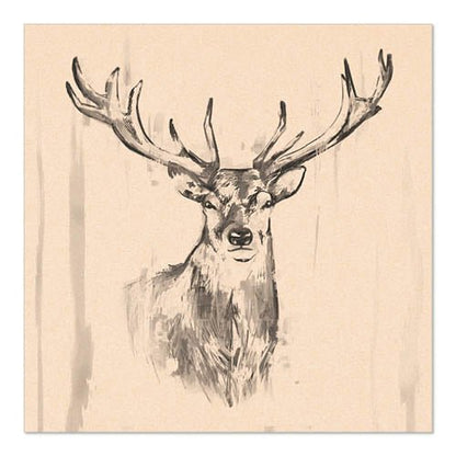 Sur les serviettes beige PAPSTAR 20 serviettes, 33x33 cm, 3 couches, plié en 1/4 de PAPSTAR GmbH, est représenté un croquis de cerf noir et blanc avec de grands bois - des serviettes élégantes et naturelles pour toutes les occasions.