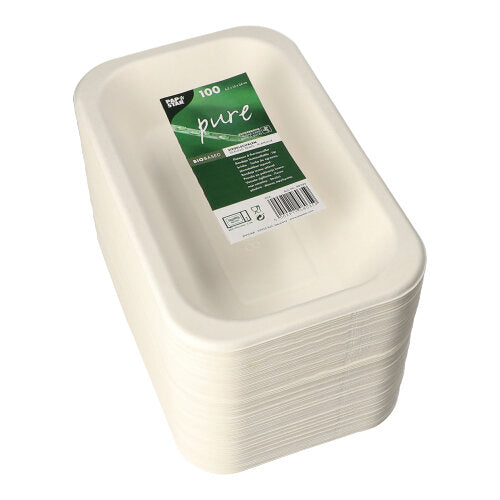 Illustré est une pile de plats scellés rectangulaires blancs PAPSTAR 100 en canne à sucre biodégradable avec une étiquette verte sur le dessus. Les plats proviennent de la PAPSTAR GmbH et sont livrés en paquet de 100.