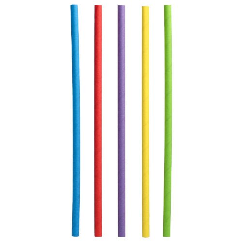 Cinq PAPSTAR 500 pailles à secouer en papier Ø 8 mm · 25 cm de PAPSTAR GmbH de couleur bleue, rouge, violette, jaune et verte sont disposées verticalement côte à côte de gauche à droite sur un fond blanc.