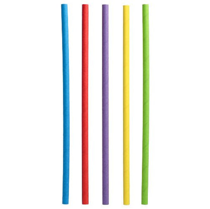 Cinq PAPSTAR 500 pailles à secouer en papier Ø 8 mm · 25 cm de PAPSTAR GmbH de couleur bleue, rouge, violette, jaune et verte sont disposées verticalement côte à côte de gauche à droite sur un fond blanc.