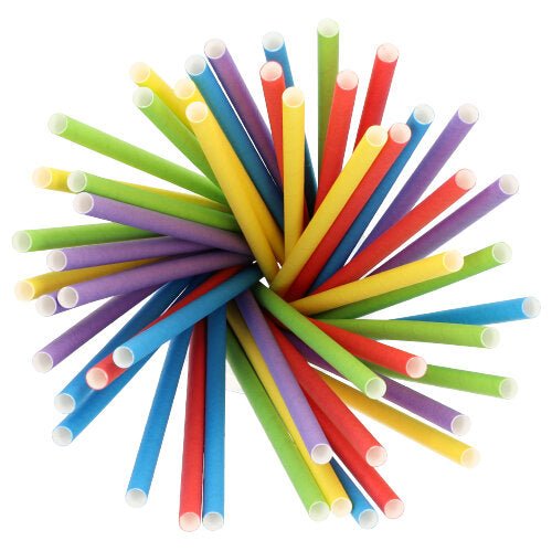Un paquet de PAPSTAR 500 pailles à secouer en papier (8 mm × 25 cm) de PAPSTAR GmbH, disposées en cercle et vues d'en haut. Ces pailles en papier écologiques sont colorées de manière éclatante en rouge, jaune, vert, bleu et violet.