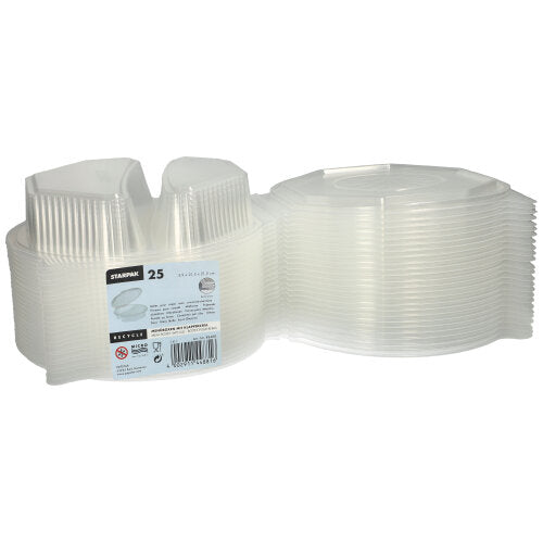 Gezeigt wird ein Stapel von 25 Starpak Menüboxen mit Klappdeckeln, aus transparentem PP (8-eckig, 5,9 x 21,5 x 21,5 cm). Das Etikett enthält Markeninfos und Nutzungshinweise – ideal für die Lebensmittelaufbewahrung oder zum Servieren.