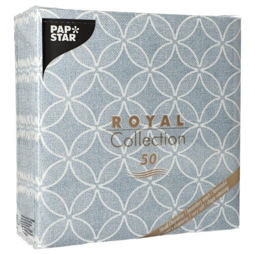 Un emballage carré de PAPSTAR GmbH 50 serviettes "ROYAL Collection" pli 1/4, 40 x 40 cm, en bleu, présente un motif géométrique bleu clair et blanc avec des informations produit et l'impression "ROYAL Collection 50" sur le devant.