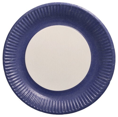 Der 20 Teller, Pappe rund Ø 23 cm der PAPSTAR GmbH hat eine weiße Mitte mit dunkelblauem Rand, von oben auf weißem Hintergrund abgebildet – ideal für Events.