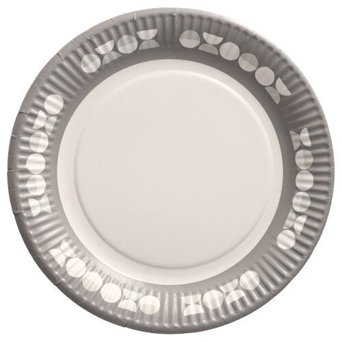 Der 10er Teller der PAPSTAR GmbH, Pappe rund Ø 23 cm, hat einen grauen Rand mit weißen Kreisen und Dreiecken und eine weiße Mitte. Dieser unbenutzte Einwegteller ist ideal für Partys und Veranstaltungen und wurde von oben fotografiert.