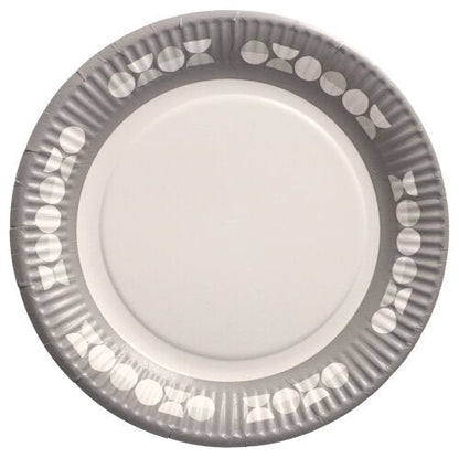 Der 10er Teller der PAPSTAR GmbH, Pappe rund Ø 23 cm, hat einen grauen Rand mit weißen Kreisen und Dreiecken und eine weiße Mitte. Dieser unbenutzte Einwegteller ist ideal für Partys und Veranstaltungen und wurde von oben fotografiert.