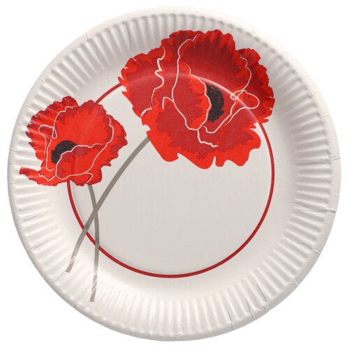 Die PAPSTAR 10 Teller aus Pappe, rund Ø 23 cm von PAPSTAR GmbH, zeigen zwei große rote Mohnblumen mit grünen Stielen und einem roten Kreis – perfekt für Partys und Events.