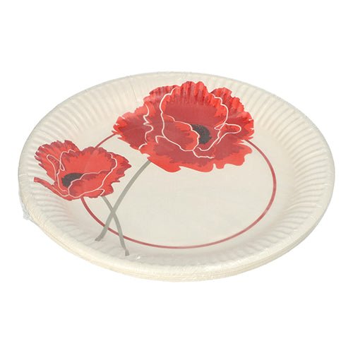 Ein Stapel PAPSTAR 10 Teller, Pappe rund Ø 23 cm von PAPSTAR GmbH mit zwei großen roten Blumen und dünnem roten Kreis – ideal für Partys und Events.