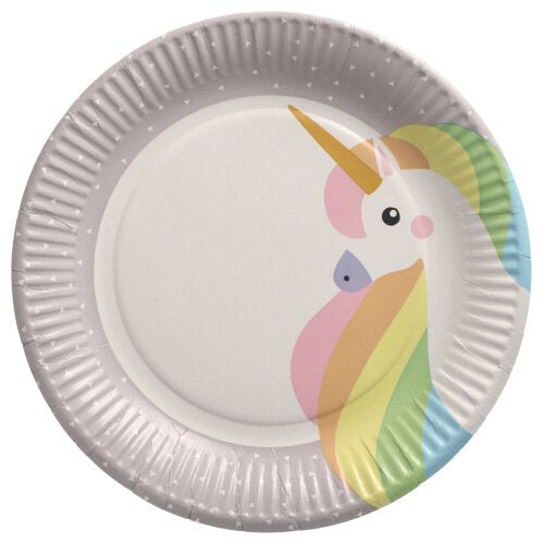 Die PAPSTAR GmbH 10 Teller aus Pappe, rund Ø 23 cm, sind in hellem Grau mit buntem Einhorn-Kopf und dezent gemustertem Rand – ideal für Partys und Events.
