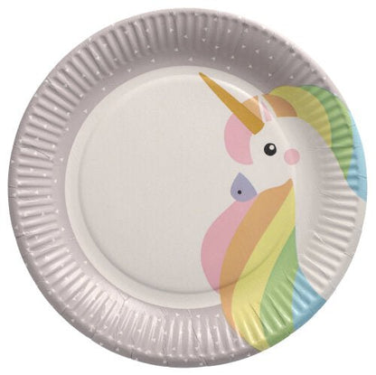 Die PAPSTAR GmbH 10 Teller aus Pappe, rund Ø 23 cm, sind in hellem Grau mit buntem Einhorn-Kopf und dezent gemustertem Rand – ideal für Partys und Events.