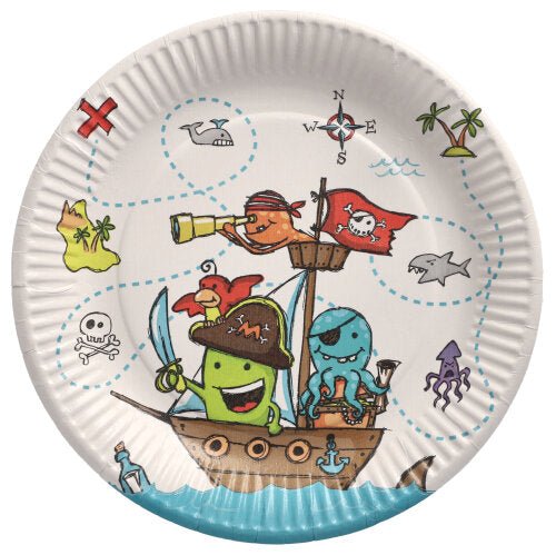 Die 10 Teller der PAPSTAR GmbH, Pappe rund, Ø 23 cm, zeigen Cartoon-Piraten-Meerestiere auf einem Schiff, Schatzkartenhintergrund, Palmen, Kompass, Insel, Wal, Hai und lila Tintenfisch – ideal für Partys und Veranstaltungen.