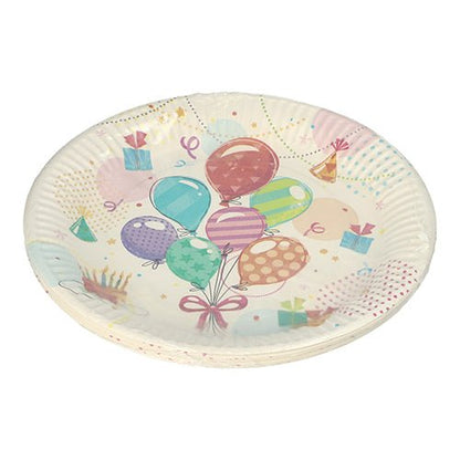 PAPSTAR 10 Teller, Pappe rund Ø 23 cm von PAPSTAR GmbH mit buntem Party-Design aus Ballons, Geschenken, Konfetti und Geburtstagstorte – ideale Einwegteller für Partys und Geburtstagsfeiern.