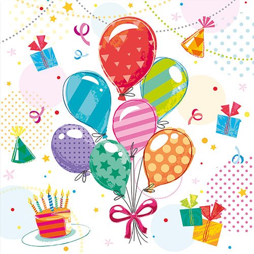 Bunte Luftballons, Geschenke, eine Geburtstagstorte, Partyhüte, Konfetti und festliche PAPSTAR 20 Servietten (33 cm x 33 cm, 3-lagig, Design Set 4) von PAPSTAR GmbH auf einem leuchtenden Hintergrund.