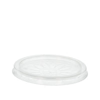 Les couvercles Starpak 25 « To Go », en PP transparent et résistant, d'un diamètre de 11,5 cm chacun, présentent un motif floral discret au centre et sont représentés sur un fond blanc uni. (25 pièces).