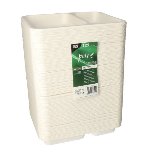 Ein Stapel PAPSTAR 125 Siegelschalen aus nachhaltigem Zuckerrohr mit zwei Fächern ist vertikal zu sehen. Das vordere grün-weiße Etikett zeigt die Marke PAPSTAR GmbH und 125 biologisch abbaubare Schalen pro Packung.