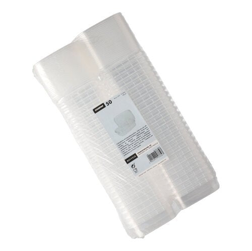 Ein Stapel Starpak 50 Feinkostbecher, PP transparent und eckig mit Originalitätsverschluss, ist in Plastik verpackt und trägt ein weißes Etikett mit Produktinfos, Barcode und Sicherheitsverschluss.