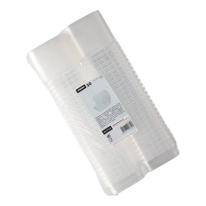 Ein Stapel Starpak 50 Feinkostbecher, PP transparent und eckig mit Originalitätsverschluss, ist in Plastik verpackt und trägt ein weißes Etikett mit Produktinfos, Barcode und Sicherheitsverschluss.