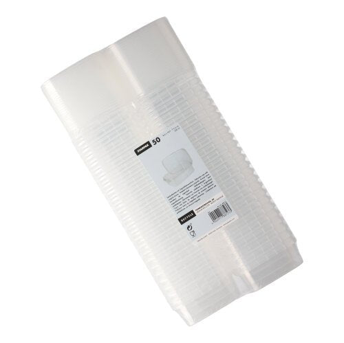 Ein Stapel von 50 Starpak Feinkostbechern, PP transparent mit Originalitätsverschluss eckig, in Klarsichtverpackung mit weißem Etikett mit Produktinformationen und Barcode.