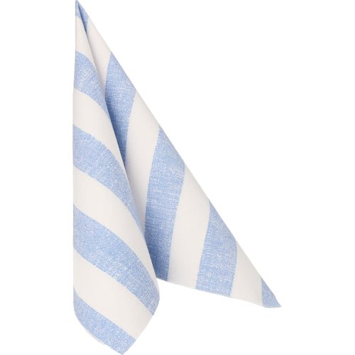 Une serviette bleue PAPSTAR GmbH "ROYAL Collection" 40 x 40 cm avec de larges rayures diagonales pend devant un fond blanc simple et souligne l'élégance des PAPSTAR 50 serviettes en grand format.