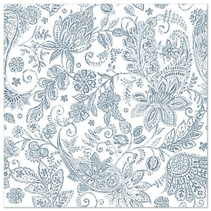 Fond blanc carré avec un motif paisley floral bleu dense et délicat - idéal pour PAPSTAR 50 serviettes "ROYAL Collection" pli 1/4 40 x 40 cm bleu de PAPSTAR GmbH.