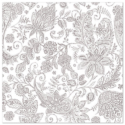 Ein dichtes, filigranes graues Blumen-Paisleymuster mit Blättern, Blüten und Wirbeln füllt jede PAPSTAR 50 Serviette "ROYAL Collection" 1/4-Falz 40 x 40 cm von PAPSTAR GmbH - edler Stil für elegante Anlässe.