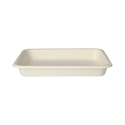 Le plateau PAPSTAR 125 bols scellés de PAPSTAR GmbH est un plateau rectangulaire, plat, de couleur crème en canne à sucre biodégradable avec des coins légèrement arrondis et des bords surélevés, illustré sur un fond blanc simple.