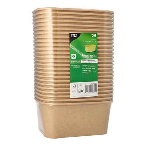 Eine Packung mit 25 rechteckigen braunen PAPSTAR GmbH Verpackungsbechern aus Pappe, hygienisch in Folie verpackt mit grünem Label und Umwelt-Symbolen – ideal für umweltfreundliche Verpackungen.