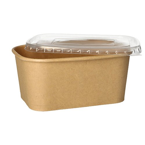 Ein rechteckiger brauner Lebensmittelbehälter aus Pappe mit transparentem Deckel der PAPSTAR GmbH, schräg auf weißem Hintergrund abgebildet – ideal als umweltfreundliche Verpackungslösung: PAPSTAR 25 Verpackungsbecher, Pappe rechteckig braun.