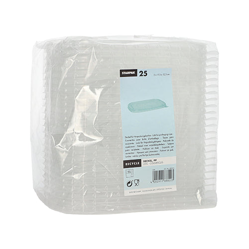 Eine Packung mit 25 rechteckigen, transparenten Starpak PP-Deckeln für Verpackungsbecher (1 x 17,3 x 12,3 cm) ist in Plastik eingewickelt und hat auf der Vorderseite ein blau-weißes Etikett mit Produkt- und Recyclinginformationen.