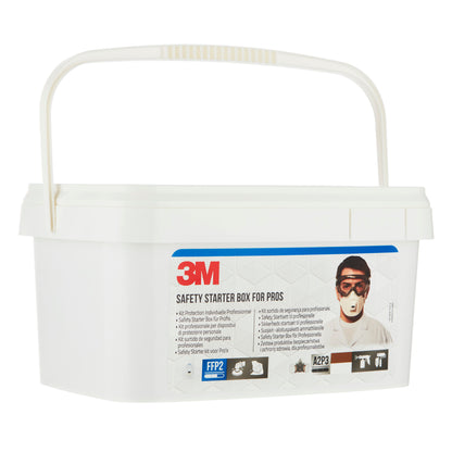 Une boîte en plastique blanche avec poignée, étiquetée "3M™ boîte de démarrage de protection pour professionnels 1000MCWE" de 3M Deutschland GmbH. L'étiquette montre un professionnel en tenue de protection et des icônes pour la protection respiratoire, oculaire et auditive (1 ensemble/paquet).