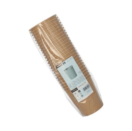 Un emballage plastique scellé contenant 25 gobelets à soupe Starpak marron en carton (470 ml, Ø9,8x10 cm) montre les détails du produit, une illustration du gobelet et des symboles d'utilisation sur l'étiquette.