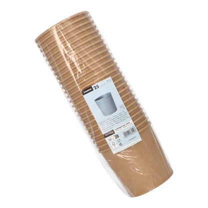 Un paquet de 25 gobelets à soupe bruns Starpak en carton (Ø 11,5 cm), de Starpak, est emballé dans un film transparent avec une étiquette blanche - idéal pour savourer ou emporter des soupes.