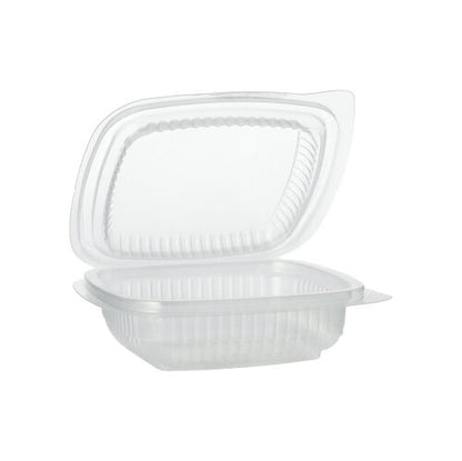 Un gobelet d'emballage Starpak 100 avec couvercles à charnière, rectangulaire et transparent en PP, est à moitié ouvert devant un fond blanc.