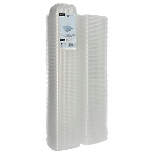 Un paquet de 100 gobelets d'emballage Starpak transparents, rectangulaires en PP avec couvercle à charnière est debout. Une étiquette Starpak sur le dessus montre les détails de ces gobelets polyvalents et leur quantité.