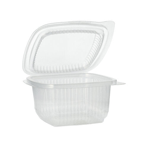 Le gobelet d'emballage Starpak 100 avec couvercles à charnière, PP rectangulaire, transparent est ouvert et vide devant un fond blanc simple.