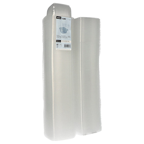 Deux piles de gobelets d'emballage Starpak 100 avec couvercles à charnière, PP rectangulaire, transparent sont représentées côte à côte. Chacun a une structure en forme de grille, et une étiquette de produit est attachée en haut d'une pile. Marque : Starpak.