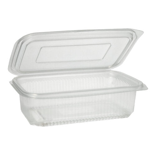 Ein transparenter, rechteckiger Starpak 50 Verpackungsbecher mit Klappdeckeln von Starpak ist offen und leer und wird vor einem schlichten weißen Hintergrund gezeigt.