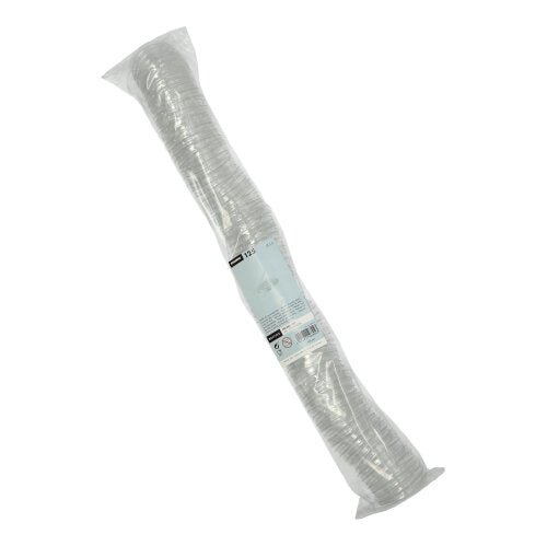 Un paquet emballé en plastique contenant 125 couvercles Starpak en PET transparents pour gobelet à sauce, rond, Ø 5,9 cm × 0,7 cm, empilés de manière compacte dans une forme cylindrique avec une étiquette de produit sur l'emballage.
