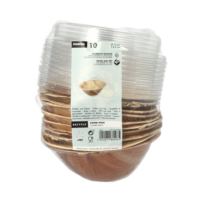 Starpak 10 Schalen, Palmblatt mit rPET Deckel „Kombipack“: Ein Set umweltfreundlicher Einwegschalen mit recyceltem PET-Deckel. Die Frontetiketten zeigen Recycling-Symbole und Produktinformationen.
