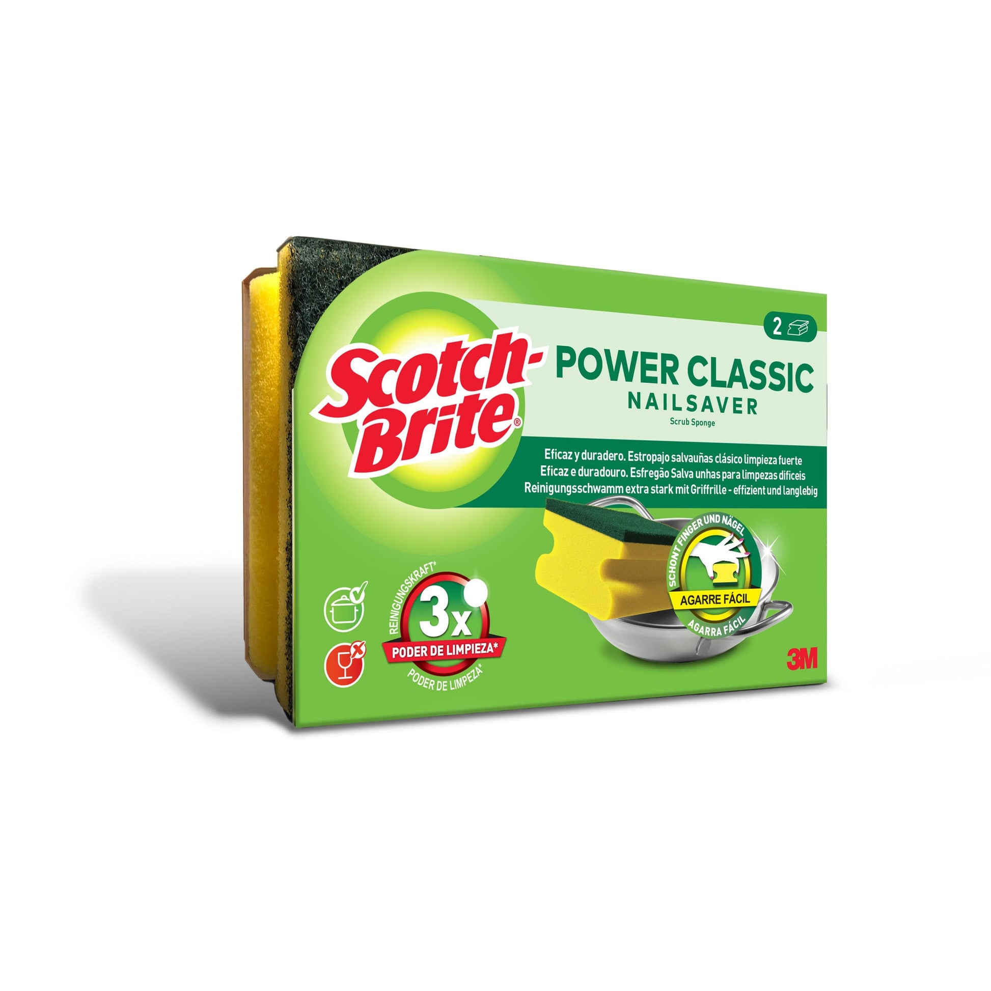 Eine Packung Scotch-Brite® Classic Griffschwamm von 3M Deutschland GmbH enthält 2 Schwämme pro Packung, die sich durch ein griffiges Design und eine starke Reinigungsleistung auszeichnen.