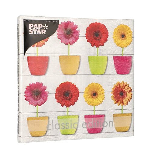 PAPSTAR 20 Servietten, 33x33 cm, 3-lagig, Design Set 4 der PAPSTAR GmbH zeigen acht Topfblumen in farbenfrohen Töpfen in zwei Reihen auf Weiß - perfekt für eine stilvolle Tischdekoration.