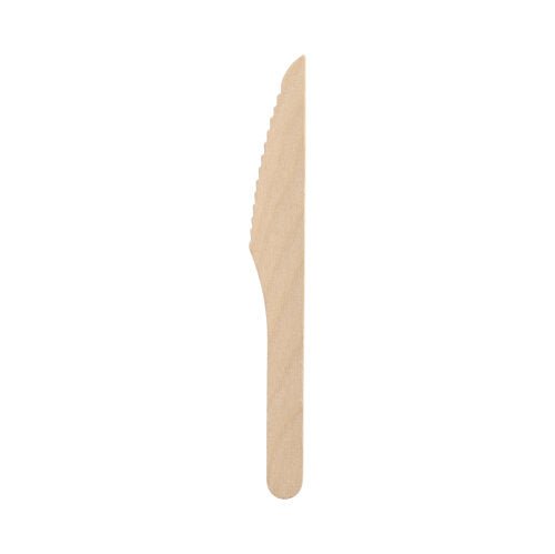 Le couteau en bois PAPSTAR "pure" 16,5 cm, ciré, en bois écologique est illustré comme couteau jetable pratique pour une utilisation durable - 100 pièces par boîte pliante (Marque : PAPSTAR GmbH).