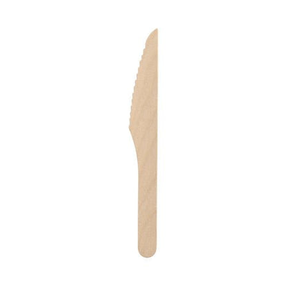 Le couteau en bois PAPSTAR "pure" 16,5 cm, ciré, en bois écologique est illustré comme couteau jetable pratique pour une utilisation durable - 100 pièces par boîte pliante (Marque : PAPSTAR GmbH).