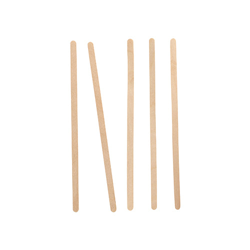 Fünf PAPSTAR Rührstäbchen Holz "pure" (14 cm) sind vertikal auf weißem Hintergrund angeordnet, das zweite von links ist leicht geneigt. Ideal für Getränke und Großbestellungen - in der Faltschachtel mit 1000 Stück von PAPSTAR GmbH.