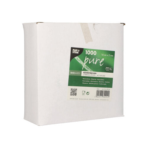 In einem weißen Karton der PAPSTAR GmbH mit der Aufschrift „PAPSTAR 1000 Rührstäbchen, Holz pure, 14 cm x 5 mm“ befinden sich 1000 umweltfreundliche Rührstäbchen aus Holz (5 Packungen à 200 Stück), mit Produkt- und Recyclinginformationen auf dem Etikett.