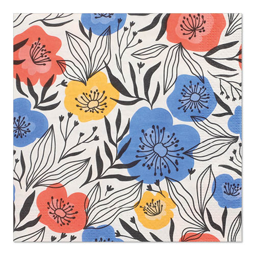 Die Servietten PAPSTAR 20 Servietten der PAPSTAR GmbH sind 33x33 cm groß, bestehen aus 3-lagigem Papier und zeigen einen weißen Hintergrund mit schwarz umrandeten roten, gelben und blauen Blüten sowie schwarz-weißen Blättern.