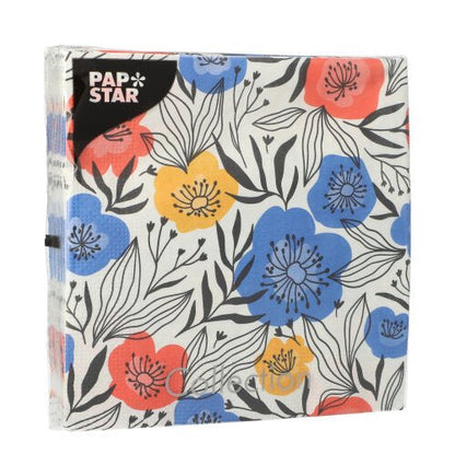 PAPSTAR 20 Servietten, 3-lagig, 33x33 cm, Design Set 4: Blumendruck mit blauen, gelben und roten Blüten sowie schwarzen Blättern auf weißem Hintergrund von PAPSTAR GmbH.