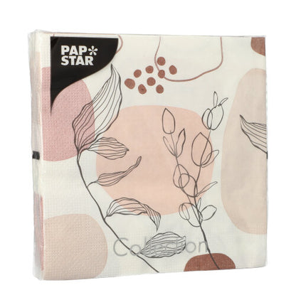 PAPSTAR GmbH 20 Servietten, 33x33cm, 3-lagig, im abstrakten Design-Set 5 mit beige-pinken Formen und schwarzen Blatt- und Beerenlinienzeichnungen. Die Servietten sind im klaren Kunststoff verpackt.