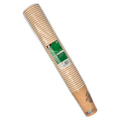 Ein Stapel von 50 PAPSTAR 0,5 l Pappbechern der PAPSTAR GmbH, verpackt in Klarsichtfolie mit einem grün-weißen Etikett mit Produktinformationen.